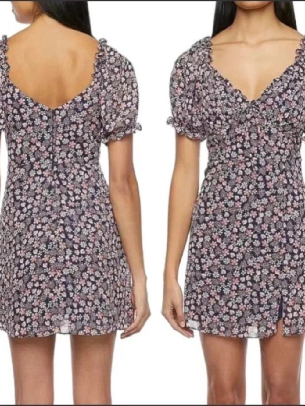 Babydoll Mini Dress Juniors Size 13 Navy Blue Pink Floral Puff Sleeves Milkmaid